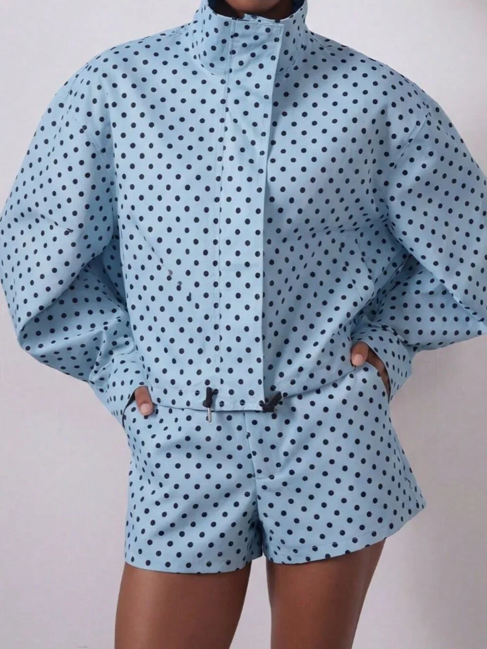 Sky Blue Casual Women's Polka Dot Stand Collar Bomber Jacket_6